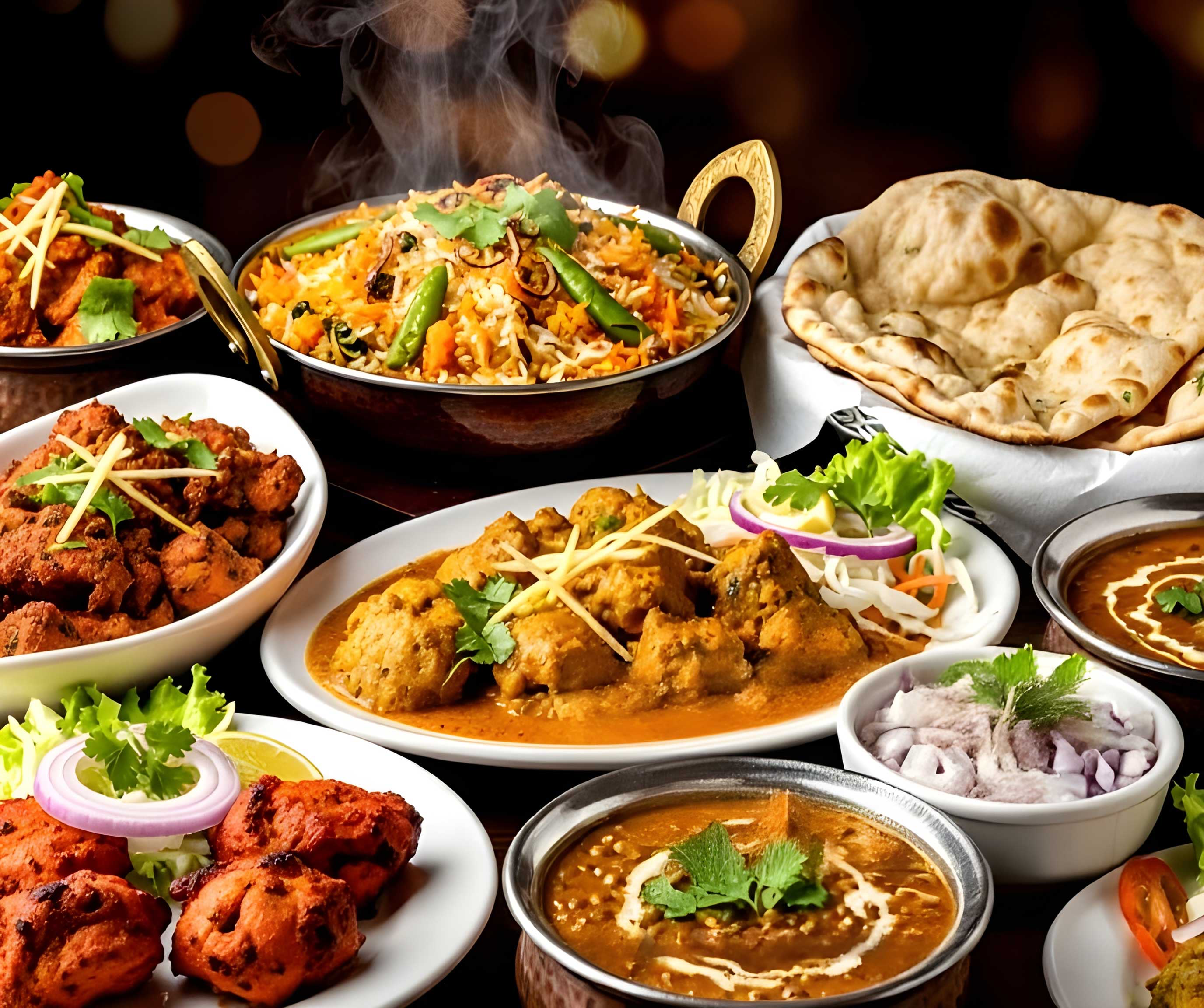 Indian feast with biryani, naan, curries, tandoori, and fresh salad served on a wooden table.