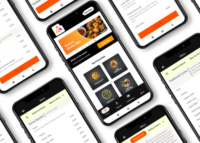 Smartphones displaying an Indian restaurant's food delivery app menu.